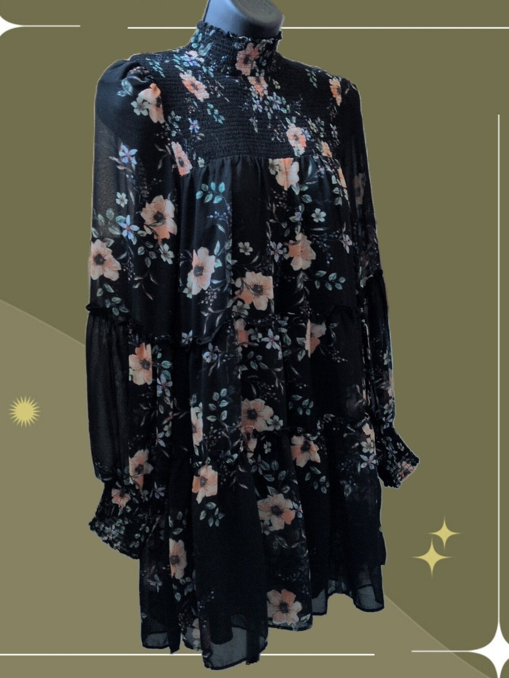 ✨ Azalea High Neck Dark Floral Long Sleeve Mini Dress Size S